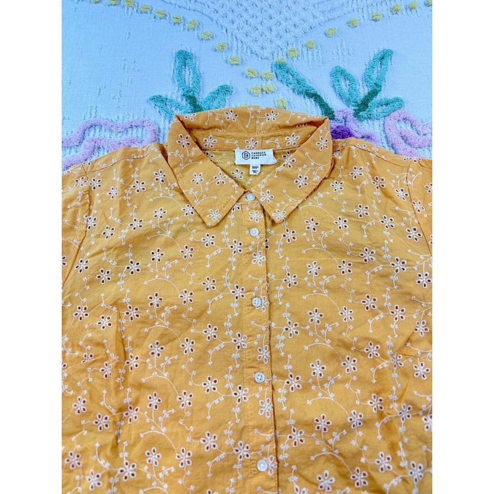 Candace Cameron Bure Yellow Floral Eyelet Cotton Button Down Shirt MP A603591 - Picture 4 of 9